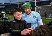 9 February 2025; Limerick goalkeeper Shane Dowling takes a selfie with a supporter after the Allianz Hurling League Division 1A match between Limerick and Tipperary at TUS Gaelic Grounds in Limerick. Photo by Seb Daly/Sportsfile