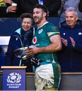 9 February 2025; Ireland captain Caelan Doris receives the Centenary Quaich from Anne, Princess Royal, after the Guinness Six Nations Rugby Championship match between Scotland and Ireland at Scottish Gas Murrayfield Stadium in Edinburgh, Scotland. Photo by Ramsey Cardy/Sportsfile