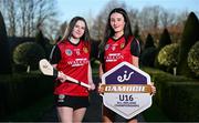 12 February 2025; eir, proud sponsor of the Camogie U16 All-Ireland Championship, celebrated the official launch of the 2025 season, which threw-in on Sunday, 9th February. As part of their sponsorship, eir is introducing the “eir Game of the Week,” spotlighting one standout fixture from across all divisions, along with the eir Player of the Match. Pictured, from left, is Niamh McCluskey, Down U16 Co-Captain and Eva Cunningham, Down U16 Co-Captain. This season also marks the beginning of eir’s three-year sponsorship agreement with the Camogie Association. Photo by Seb Daly/Sportsfile
