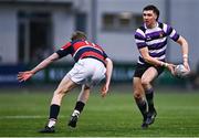 11 February 2025; Michael Kennedy of Terenure College in action against Jack Duffy of Wesley College during the Bank of Ireland Leinster Rugby Boys Schools Senior Cup second round match between Wesley College and Terenure College at Energia Park in Dublin. Photo by Tyler Miller/Sportsfile