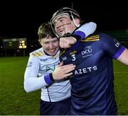 11 February 2025; Cian Byrne and Paddy Langton of DCU celebrate after the Electric Ireland HE GAA Fitzgibbon Cup semi-final match between University College Cork and Dublin City University Dóchas Éireann at SETU Carlow Campus in Carlow. Photo by Matt Browne/Sportsfile
