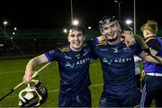 11 February 2025; Padraig Lennon and Paddy Langton of DCU celebrate after the Electric Ireland HE GAA Fitzgibbon Cup semi-final match between University College Cork and Dublin City University Dóchas Éireann at SETU Carlow Campus in Carlow. Photo by Matt Browne/Sportsfile