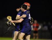 11 February 2025; Billy Reid and Padraig Lennon of DCU celebrate after the Electric Ireland HE GAA Fitzgibbon Cup semi-final match between University College Cork and Dublin City University Dóchas Éireann at SETU Carlow Campus in Carlow. Photo by Matt Browne/Sportsfile
