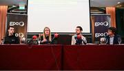 12 February 2025; In attendance are, from left, GPA national executive committee co-chair Niall Morgan, GPA head of equality and player relations Gemma Begley, GPA chief executive officer Tom Parsons and Indecon economist and partner Hugh Hennessy at The Alex Hotel in Dublin during the launch of an independent report, carried out by Indecon International Economic and Strategic Consultants, into the economic impact of inter-county Gaelic games. Photo by Seb Daly/Sportsfile