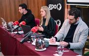 12 February 2025; GPA head of equality and player relations Gemma Begley, centre, addresses attendees at The Alex Hotel in Dublin, alongside GPA chief executive officer Tom Parsons, right, and GPA national executive committee co-chair Niall Morgan, left, during the launch of an independent report, carried out by Indecon International Economic and Strategic Consultants, into the economic impact of inter-county Gaelic games. Photo by Seb Daly/Sportsfile