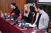 12 February 2025; GPA head of equality and player relations Gemma Begley, centre, addresses attendees at The Alex Hotel in Dublin, alongside GPA chief executive officer Tom Parsons, right, and GPA national executive committee co-chair Niall Morgan, left, during the launch of an independent report, carried out by Indecon International Economic and Strategic Consultants, into the economic impact of inter-county Gaelic games. Photo by Seb Daly/Sportsfile