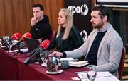12 February 2025; GPA chief executive officer Tom Parsons, right, addresses attendees at The Alex Hotel in Dublin, alongside GPA head of equality and player relations Gemma Begley, centre, GPA national executive committee co-chair Niall Morgan, left, during the launch of an independent report, carried out by Indecon International Economic and Strategic Consultants, into the economic impact of inter-county Gaelic games. Photo by Seb Daly/Sportsfile