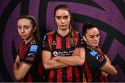 11 February 2025; Shauna Carroll, Roisin McGovern and Alannah McEvoy during a Bohemians FC squad portraits session at DCU Sports Complex in Dublin. Photo by David Fitzgerald/Sportsfile