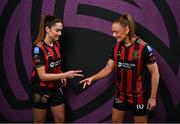 11 February 2025; Sarah McKevitt and Katie Malone during a Bohemians FC squad portraits session at DCU Sports Complex in Dublin. Photo by David Fitzgerald/Sportsfile