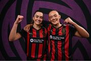 11 February 2025; Sarah McKevitt and Katie Malone during a Bohemians FC squad portraits session at DCU Sports Complex in Dublin. Photo by David Fitzgerald/Sportsfile