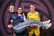 11 February 2025; Digital media coordinator Emma Dineen, left, Kate O'Donovan, centre, and goalkeeper Katie Irwin during a Treaty United FC squad portraits session at UL North Campus in Limerick. Photo by Sam Barnes/Sportsfile