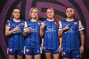 11 February 2025; Players, from left, Laura O'Neill,  Katie Lawlee, Anna Rockett and Madelyn Robbins during a Treaty United FC squad portraits session at UL North Campus in Limerick. Photo by Sam Barnes/Sportsfile