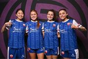 11 February 2025; Players, from left, Ayaka Ikeza, Anna Rockett,  Jillian O'Toole and Madelyn Robbins during a Treaty United FC squad portraits session at UL North Campus in Limerick. Photo by Sam Barnes/Sportsfile