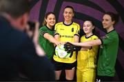 11 February 2025; Players, from left, Becky Watkins, Amanda Budden, Leona Heffernan and Karen Duggan pose for Sportsfile photographer Ramsey Cardy during a Peamount United squad portraits session at Greenogue Park in Newcastle, Dublin. Photo by Stephen McCarthy/Sportsfile