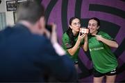 11 February 2025; Sophie Miranda, left, and Sophia Naufal during a Peamount United squad portraits session at Greenogue Park in Newcastle, Dublin. Photo by Stephen McCarthy/Sportsfile