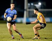 12 February 2025; Theo Clancy of UCD in action against Ciarán Caulfield of DCU during the Electric Ireland Higher Education GAA Sigerson Cup final match between UCD and DCU DÉ at the GAA Connacht Centre of Excellence in Bekan, Mayo. Photo by Piaras Ó Mídheach/Sportsfile