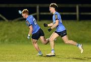 12 February 2025; Ryan O'Toole of UCD, left, celebrates after scoring their side's first goal during the Electric Ireland Higher Education GAA Sigerson Cup final match between UCD and DCU DÉ at the GAA Connacht Centre of Excellence in Bekan, Mayo. Photo by Piaras Ó Mídheach/Sportsfile