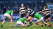 12 February 2025; Jack Deegan of Cistercian College, Roscrea is tackled by Gonzaga College players Charlie Kennedy, left, and Patrick Masterson during the Bank of Ireland Leinster Rugby Boys Schools Senior Cup second round match between Cistercian College Roscrea and Gonzaga College at Energia Park in Dublin. Photo by Shauna Clinton/Sportsfile