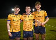 12 February 2025; DCU players, from left, Eoghan O'Connor Flanagan, Greg McEnaney and Ethan Dunne, all from the Skerries Harps GAA Club in Dublin, after their side's victory in the Electric Ireland Higher Education GAA Sigerson Cup final match between UCD and DCU DÉ at the GAA Connacht Centre of Excellence in Bekan, Mayo. Photo by Piaras Ó Mídheach/Sportsfile