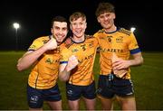 12 February 2025; DCU players, from left, Alex Gavin, Darragh Joyce and Ethan Dunne celebrate after their side's victory in the Electric Ireland Higher Education GAA Sigerson Cup final match between UCD and DCU DÉ at the GAA Connacht Centre of Excellence in Bekan, Mayo. Photo by Piaras Ó Mídheach/Sportsfile