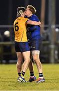 12 February 2025; DCU players Ronan Gallagher, left and Eoin McGuinness celebrate after their side's victory in the Electric Ireland Higher Education GAA Sigerson Cup final match between UCD and DCU DÉ at the GAA Connacht Centre of Excellence in Bekan, Mayo. Photo by Piaras Ó Mídheach/Sportsfile