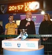 12 February 2025; Uachtarán Chumann Lúthchleas Gael Jarlath Burns makes a speech after the Electric Ireland Higher Education GAA Sigerson Cup final match between UCD and DCU DÉ at the GAA Connacht Centre of Excellence in Bekan, Mayo. Photo by Piaras Ó Mídheach/Sportsfile