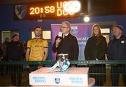 12 February 2025; Uachtarán Chumann Lúthchleas Gael Jarlath Burns makes a speech after the Electric Ireland Higher Education GAA Sigerson Cup final match between UCD and DCU DÉ at the GAA Connacht Centre of Excellence in Bekan, Mayo. Photo by Piaras Ó Mídheach/Sportsfile