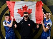 9 February 2025; Manager Tommy Barrett with Colin Conroy, left, and Yoyo Mahdy, right, during a Treaty United squad portraits session at TUS in Limerick. Photo by Stephen McCarthy/Sportsfile
