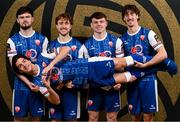 9 February 2025; Ben Lee is held up by team-mates, from left, Dean Owens, Connor Wilson, Ben Lynch and Joe Hanson during a Treaty United squad portraits session at TUS in Limerick. Photo by Stephen McCarthy/Sportsfile