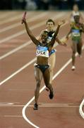 28 August 2004; Monigue Hennagan celebrates winning Gold for the USA in the Women's 4 x 400m Final. Olympic Stadium. Games of the XXVIII Olympiad, Athens Summer Olympics Games 2004, Athens, Greece. Picture credit; Brendan Moran / SPORTSFILE