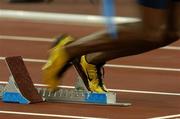 28 August 2004; The golden running spikes of Olympics 100m Champion Justin Gatlin of the USA. Olympic Stadium. Games of the XXVIII Olympiad, Athens Summer Olympics Games 2004, Athens, Greece. Picture credit; Brendan Moran / SPORTSFILE
