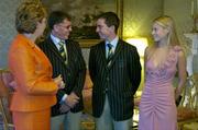 1 September 2004; President of Ireland, Mary McAleese in conversation with, from left, Irish Chef de Mission Willie O'Brien, Irish showjumper and Gold Medallist Cian O'Connor and his girlfriend Rachel Wise at a reception, held in Aras an Uachtarain, in honour of the Irish Olympic team's achievements at the 2004 Olympic Games in Athens recently. Picture credit; Brendan Moran / SPORTSFILE