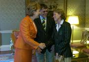 1 September 2004; President of Ireland, Mary McAleese greets Irish 3 day eventer Susan Shortt, in the company of Irish Chef de Mission Willie O'Brien, at a reception, held in Aras an Uachtarain, in honour of the Irish Olympic team's achievements at the 2004 Olympic Games in Athens recently. Picture credit; Brendan Moran / SPORTSFILE