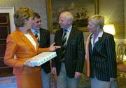 1 September 2004; President of Ireland, Mary McAleese in conversation with Irish Chef de Mission Willie O'Brien, Pat Hickey, President of the Olympic Council of Ireland, and his wife Sylviana, at a reception, held in Aras an Uachtarain, in honour of the Irish Olympic team's achievements at the 2004 Olympic Games in Athens recently. Picture credit; Brendan Moran / SPORTSFILE