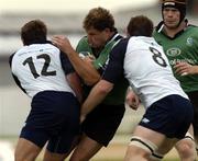 4 September 2004; Matt Moystn, Connacht, is tackled by Scott Barrow, 12, and John Petrie, 8, Glasgow Rugby. Celtic League 2004-2005, Connacht v Glasgow Rugby, Sportsground, Galway. Picture credit; Matt Browne / SPORTSFILE