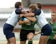 4 September 2004; Matt Mostyn, Connacht, in action against Scott Barrow, left, and Andrew Henderson, Glasgow Rugby. Celtic League 2004-2005, Connacht v Glasgow Rugby, Sportsground, Galway. Picture credit; Matt Browne / SPORTSFILE