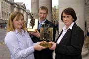 6 September 2004; Deirdre Delaney, who collected the award on behalf of her brother Kilkenny hurler JJ, and Tomas O Se, Kerry footballer, who were presented with the Vodafone Player of the Month awards for August by Carolan Lennon, Head of Marketing, Vodafone, right. Westin Hotel, Dublin. Picture credit; Ray McManus / SPORTSFILE