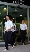 6 September 2004;  Republic of Ireland players, l to r, Robbie Keane, Alan Quinn and Damien Duff, arrive at the euro airport, Basel, ahead of their forthcoming 2006 World Cup Qualifying Game with Switzerland. Basel, Switzerland. Picture credit; David Maher / SPORTSFILE