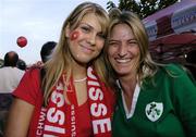 8 September 2004;  Republic of Ireland supporter Silvia Dempsey, Dublin, with Switz supporter Andrea Baungartner, Basel, before the game. FIFA 2006 World Cup Qualifier, Switzerland v Republic of Ireland, St. Jakob Park, Basle, Switzerland. Picture credit; David Maher / SPORTSFILE