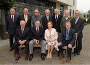 30 September 2013; The League of Ireland team that defeated the English football league team 2-1 in 1963 are honoured by ASJI & Lucozade Sport. Pictured at a lunch are League of Ireland players, back row, from left, Jack Mooney, Shamrock Rovers, Tony O'Connell, Shamrock Rovers, Eddie Bailhan, Shamrock Rovers, Billy Dixon, Drumcondra, Paddy Roberts, Shelbourne, Ronnie Nolan, Shamrock Rovers, Johnny Fullam, Shamrock Rovers, front row, from left, John Keogh, Shamrock Rovers, Eamon D'Arcy, Drumcondra, Patricia Browne, representing her late husband Willie who played for Bohemians, and Freddie Strahan, Shelbourne. ASJI & Lucozade Sport Legends Lunch, The Croke Park Hotel, Jones's Road, Dublin.  Picture credit: Ray McManus / SPORTSFILE