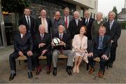 30 September 2013; The League of Ireland team that defeated the English football league team 2-1 in 1963 are honoured by ASJI & Lucozade Sport. Pictured with FAI Chief Executive John Delaney and Jim Geraghty, left,  Lucozade Sport, before the lunch are League of Ireland players, back row, from left, Jack Mooney, Shamrock Rovers, Tony O'Connell, Shamrock Rovers, Eddie Bailhan, Shamrock Rovers, Billy Dixon, Drumcondra, Paddy Roberts, Shelbourne, Ronnie Nolan, Shamrock Rovers, Johnny Fullam, Shamrock Rovers, front row, from left, John Keogh, Shamrock Rovers, Eamon D'Arcy, Drumcondra, Patricia Browne, representing her late husband Willie who played for Bohemians, and Freddie Strahan, Shelbourne. ASJI & Lucozade Sport Legends Lunch, The Croke Park Hotel, Jones's Road, Dublin.  Picture credit: Ray McManus / SPORTSFILE