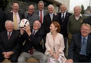 30 September 2013; The League of Ireland team that defeated the English football league team 2-1 in 1963 are honoured by ASJI & Lucozade Sport. Pictured at a lunch are League of Ireland players, back row, from left, Jack Mooney, Shamrock Rovers, Tony O'Connell, Shamrock Rovers, Eddie Bailhan, Shamrock Rovers, Billy Dixon, Drumcondra, Paddy Roberts, Shelbourne, Ronnie Nolan, Shamrock Rovers, Johnny Fullam, Shamrock Rovers, front row, from left, John Keogh, Shamrock Rovers, Eamon D'Arcy, Drumcondra, Patricia Browne, representing her late husband Willie who played for Bohemians, and Freddie Strahan, Shelbourne. ASJI & Lucozade Sport Legends Lunch, The Croke Park Hotel, Jones's Road, Dublin.  Picture credit: Ray McManus / SPORTSFILE