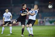 30 September 2013; Ruaidhri Higgins, Derry City, in action against Chris Shields, Dundalk. Airtricity League Premier Division, Dundalk v Derry City, Oriel Park, Dundalk, Co. Louth. Photo by Sportsfile