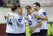 30 September 2013; Richie Towell, second from left, Dundalk, celebrates after scoring his side's third goal with team-mates, Dane Massey, left, Vinny Faherty, and Brian Gartland, right. Airtricity League Premier Division, Dundalk v Derry City, Oriel Park, Dundalk, Co. Louth. Photo by Sportsfile