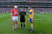 28 September 2013; Match referee James McGrath speaks to Cork's Patrick Cronin, left, and Patrick Donnellan, Clare, right, before the game. GAA Hurling All-Ireland Senior Championship Final Replay, Cork v Clare, Croke Park, Dublin. Picture credit: Ray McManus / SPORTSFILE