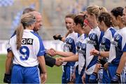 29 September 2013; President of the Ladies Football Association Pat Quill meets the Cavan players before the game. TG4 All-Ireland Ladies Football Interrmediate Championship Final, Cavan v Tipperary, Croke Park, Dublin. Picture credit: Ray McManus / SPORTSFILE