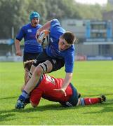 28 September 2013; Conor Hand, Leinster, is tackled by Michael Casey, Munster, to score his side's second try. Under 18 Club Interprovincial, Leinster v Munster, Donnybrook Stadium, Donnybrook, Dublin. Picture credit: Barry Cregg / SPORTSFILE