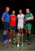 1 October 2013; At the launch of the 2013/14 European Rugby Cup, from left, Leinster captain Leo Cullen, Munster captain Peter O'Mahony, Ulster captain Johann Muller and Connacht captain Michael Swift. Rugby launch, Dublin. Picture credit: Barry Cregg / SPORTSFILE