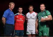 1 October 2013; At the launch of the 2013/14 European Rugby Cup, from left, Leinster captain Leo Cullen, Munster captain Peter O'Mahony, Ulster captain Johann Muller and Connacht captain Michael Swift. Rugby launch, Dublin. Picture credit: Barry Cregg / SPORTSFILE