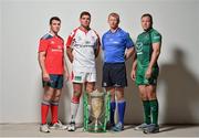 1 October 2013; At the launch of the 2013/14 European Rugby Cup, from left, Munster captain Peter O'Mahony, Ulster captain Johann Muller, Leinster captain Leo Cullen and Connacht captain Michael Swift. Rugby launch, Dublin. Picture credit: Barry Cregg / SPORTSFILE